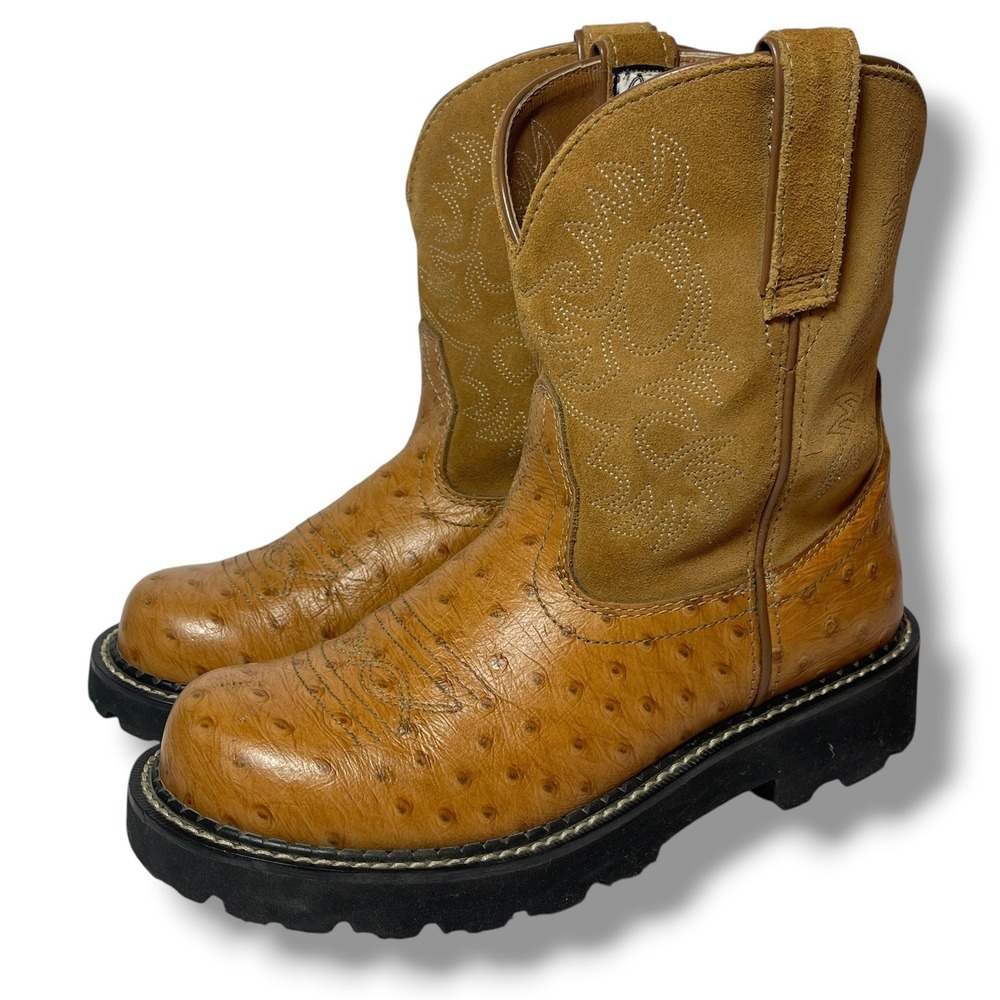 ARIAT Fat Baby Boots 14728 Ostrich Print 6.5B Cowgirl Western Suede Lug Sole